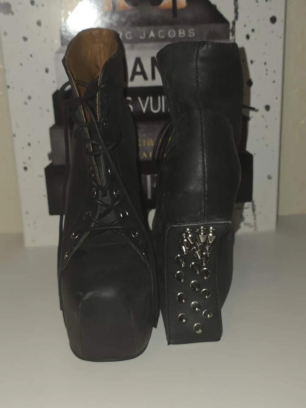 Jeffrey Campbell "NGT-LITA" Black Leather Studded Platform Lace-Up Gravity Wedge - Picture 1 of 9